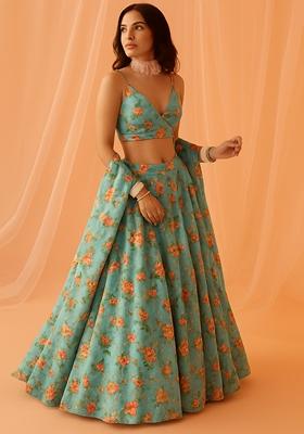 Sky Blue Printed Chiffon Lehenga Set