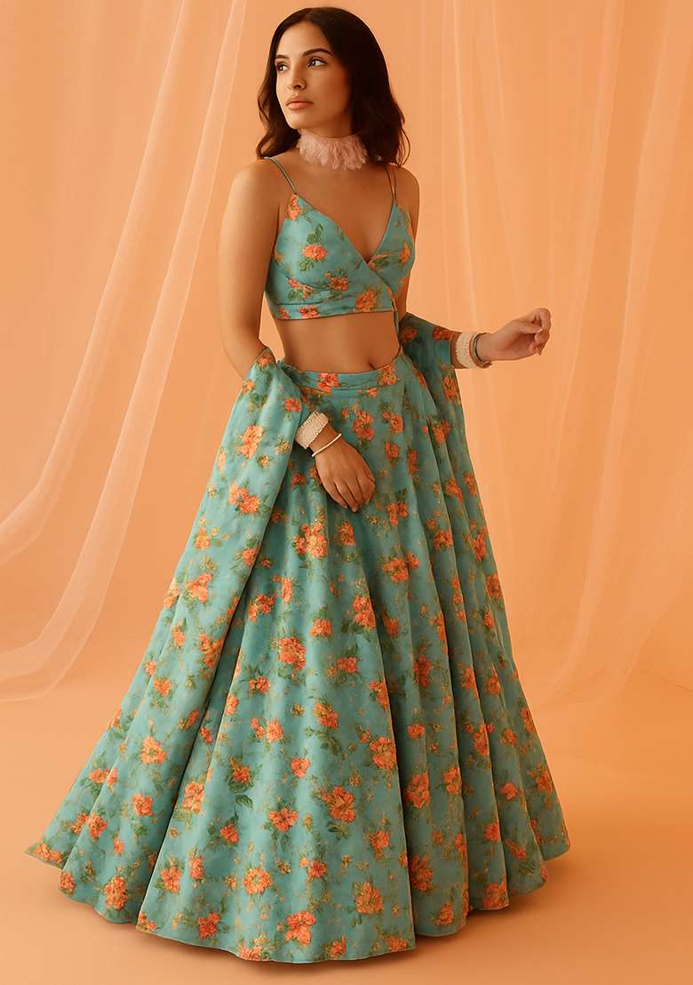 Sky Blue Printed Chiffon Lehenga Set for Diwali and Festive Wear - Indya