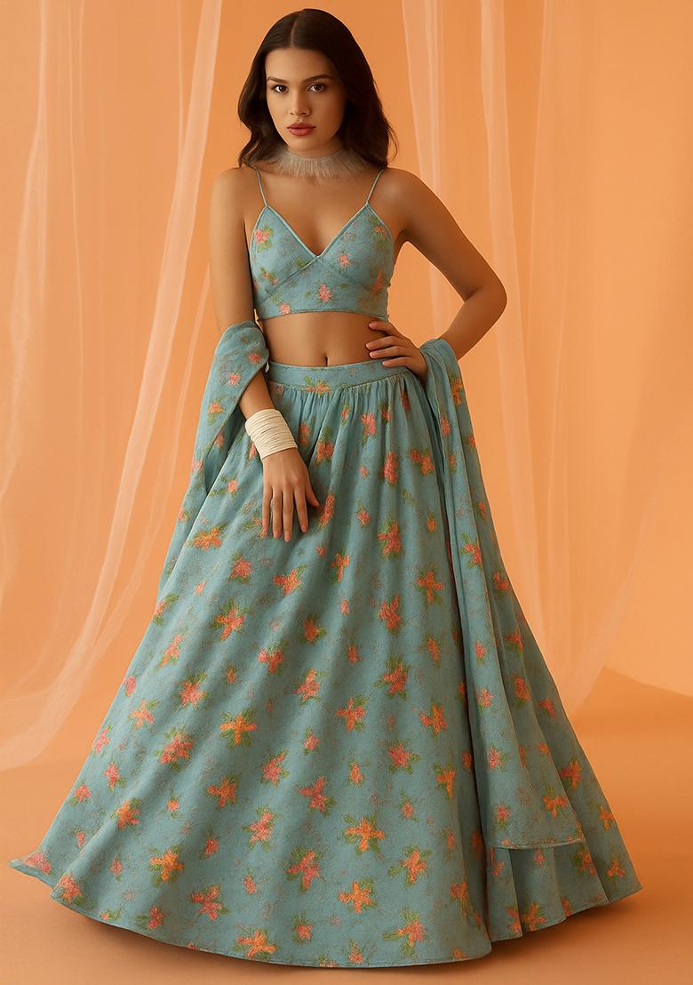 Sky Blue Printed Chiffon Lehenga Set - Indya