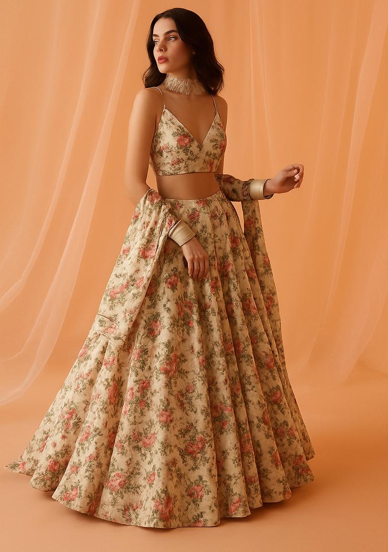 Multicolor Printed Chiffon Lehenga Set