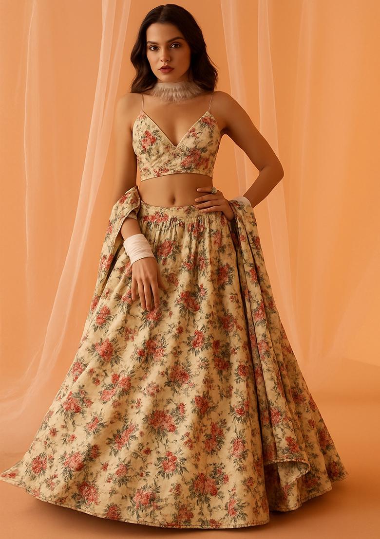 Multicolor Printed Chiffon Lehenga Set - Indya