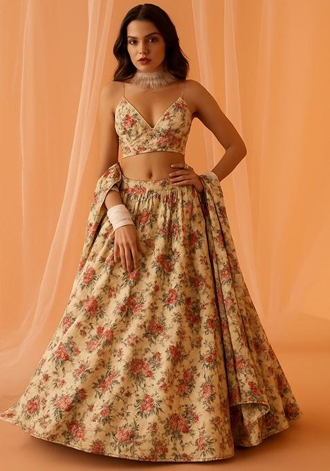 Multicolor Printed Chiffon Lehenga Set