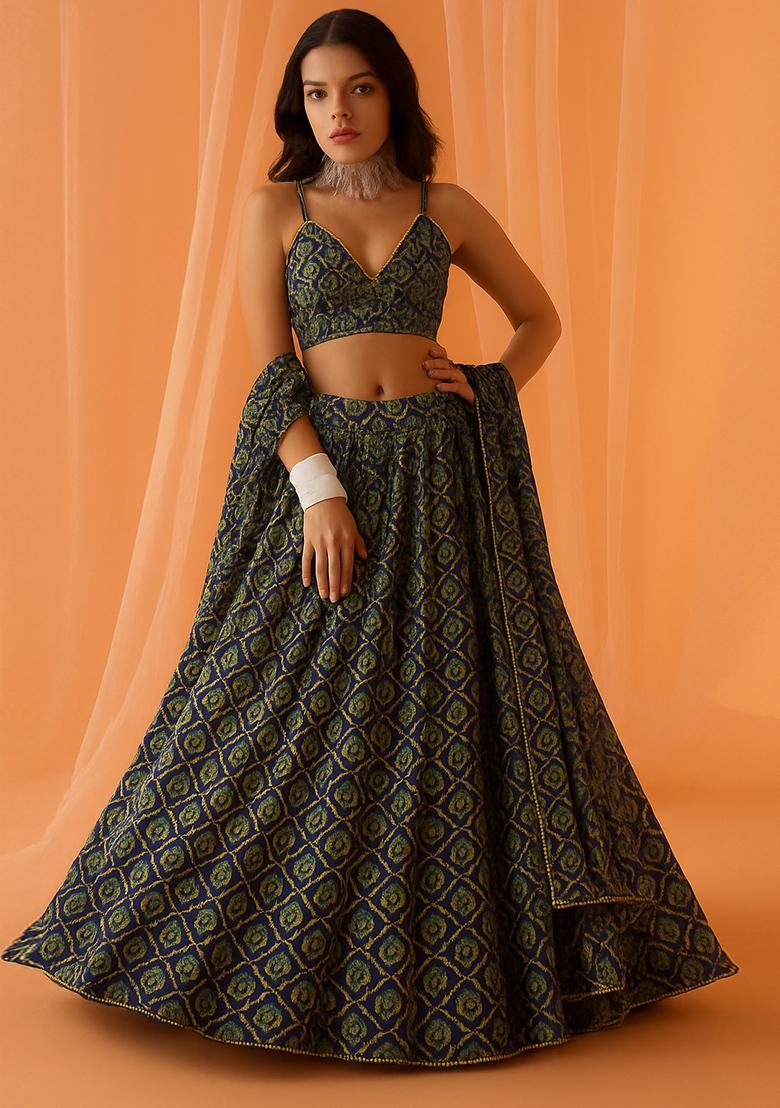 Multicolor Printed Chiffon Lehenga Set - Indya