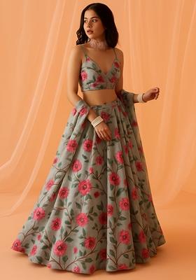 Grey Printed Chiffon Lehenga Set