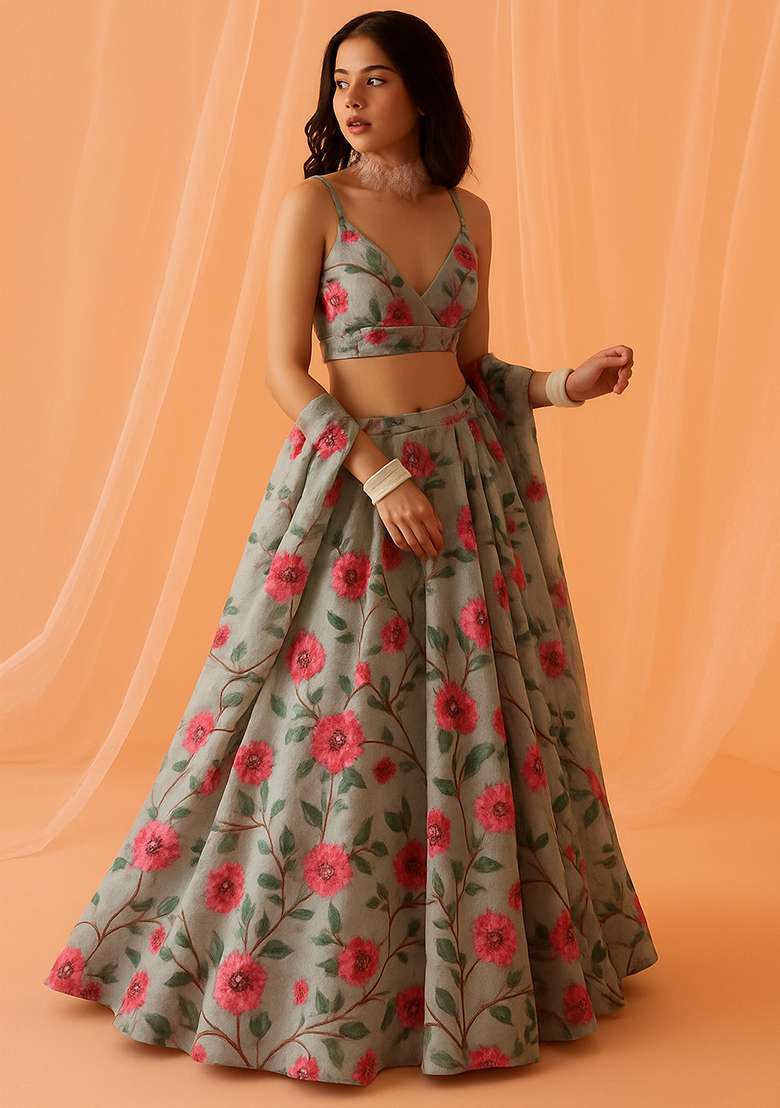 Grey Chiffon Lehenga Set with Printed for Diwali | Wedding & Festive Wear - Indya