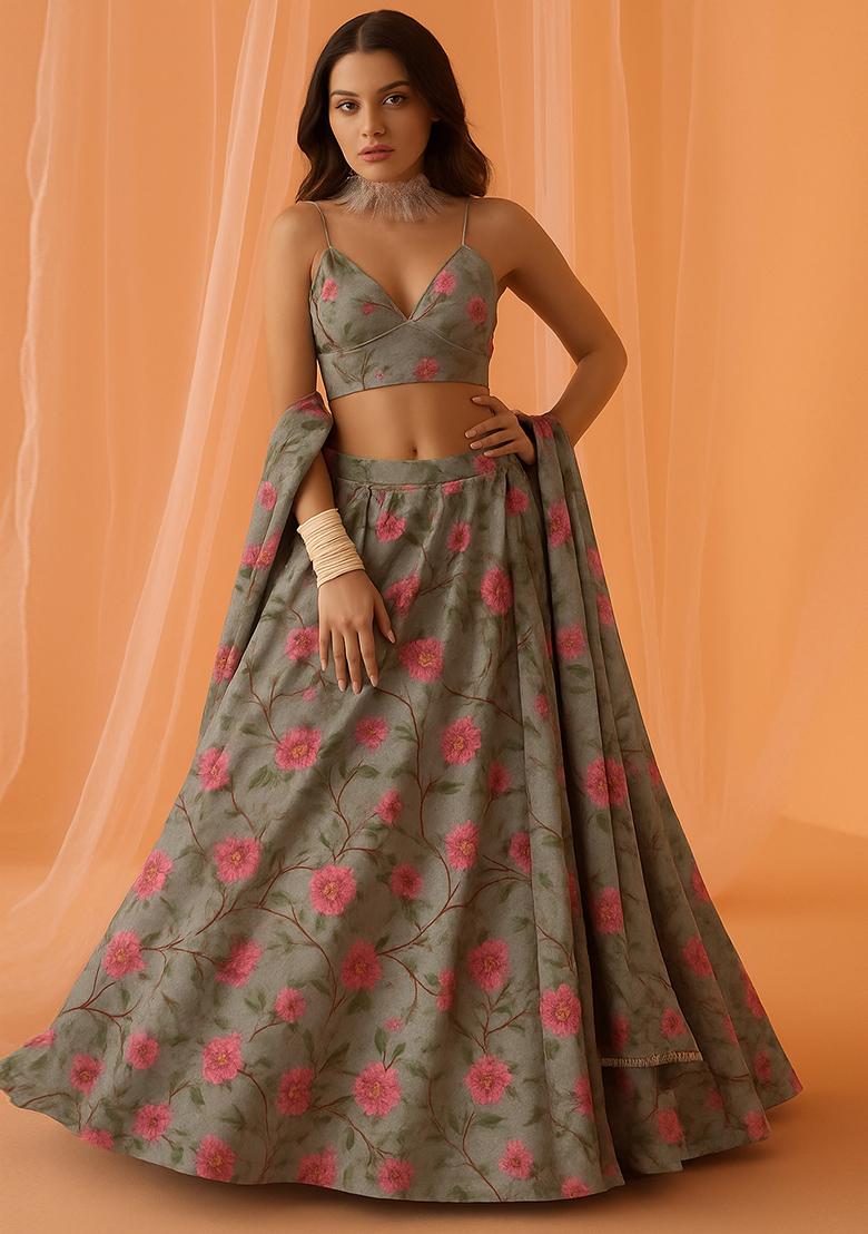 Grey Printed Chiffon Lehenga Set - Indya