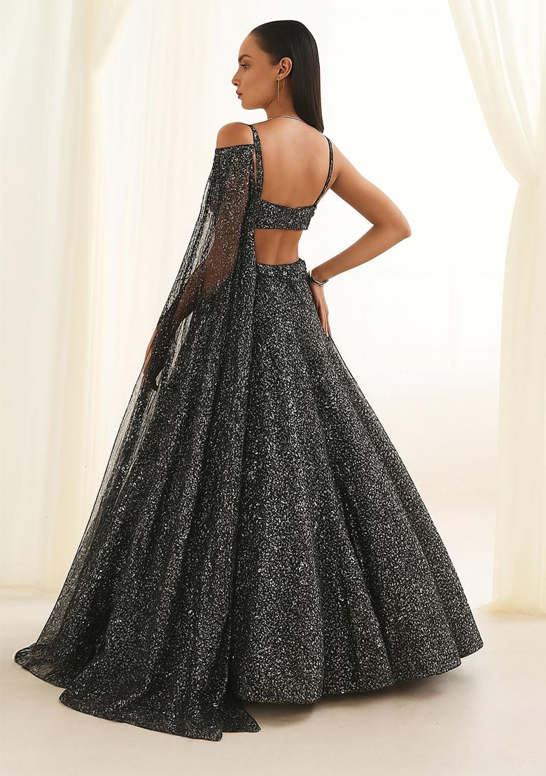Grey Sequin Embellished Georgette Lehenga Set - Indya