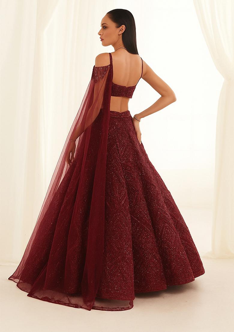 Maroon Sequin Embellished Georgette Lehenga Set - Indya