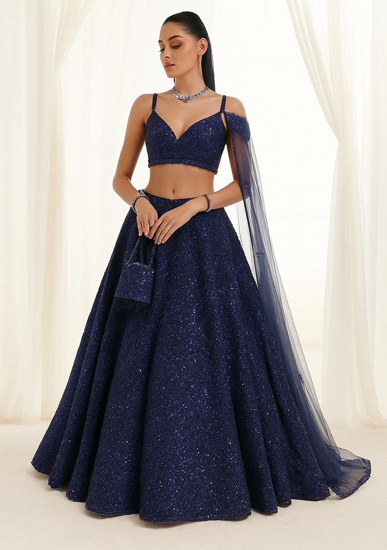 Blue Sequin Embellished Georgette Lehenga Set - Indya