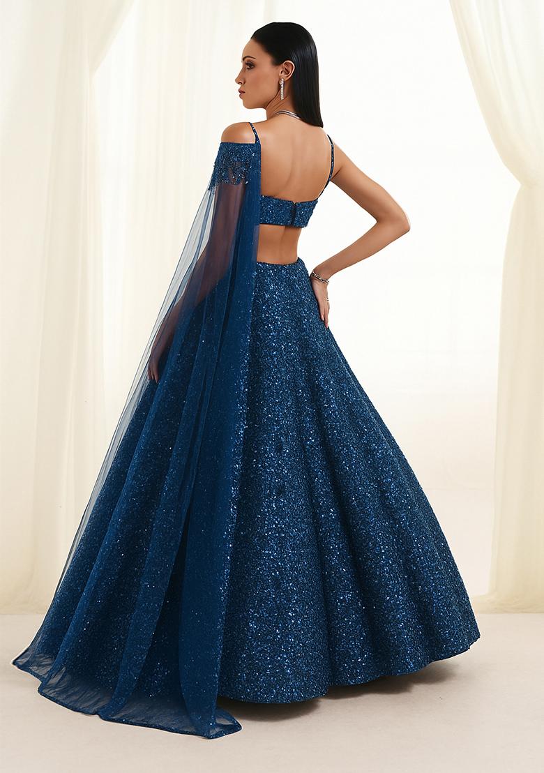 Blue Sequin Embellished Georgette Lehenga Set - Indya