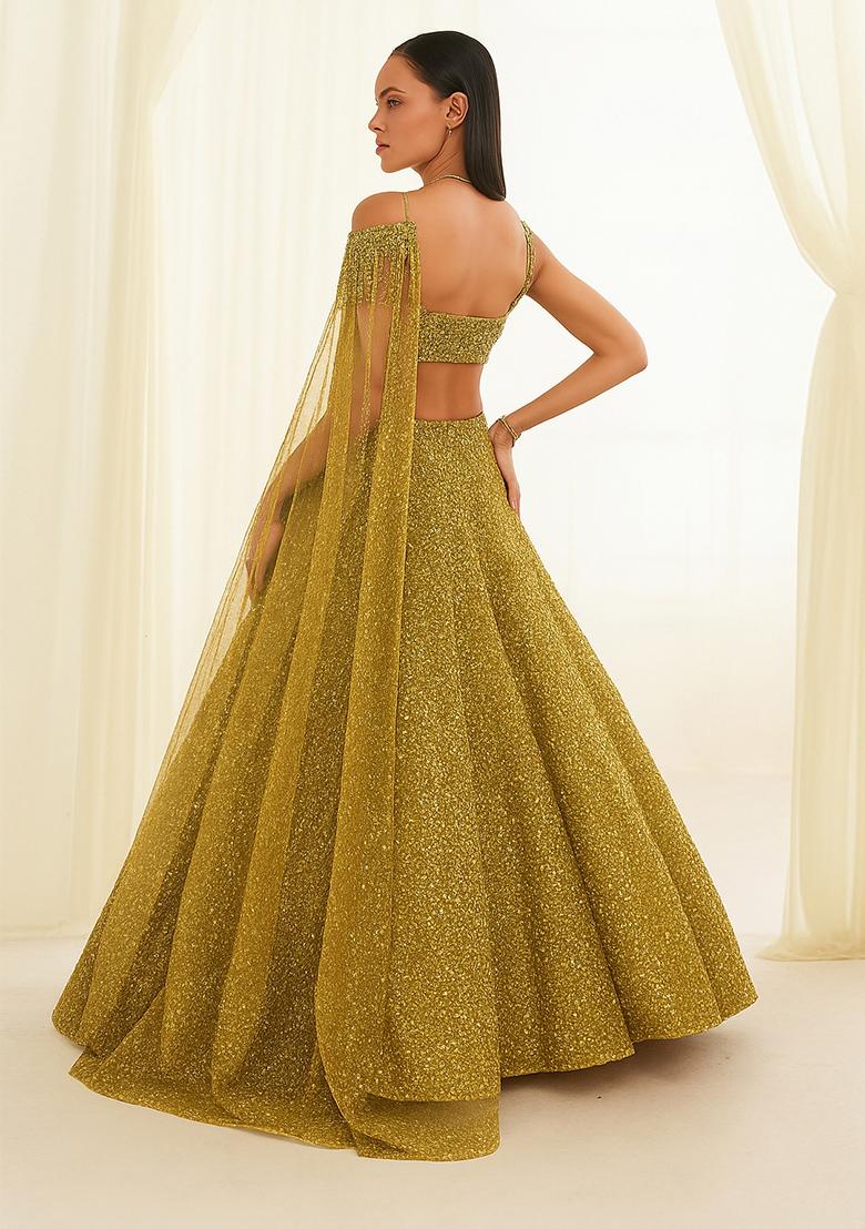 Golden Sequin Embellished Georgette Lehenga Set - Indya