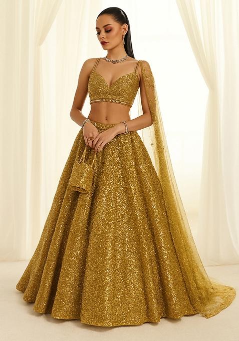 Golden Sequin Embellished Georgette Lehenga Set