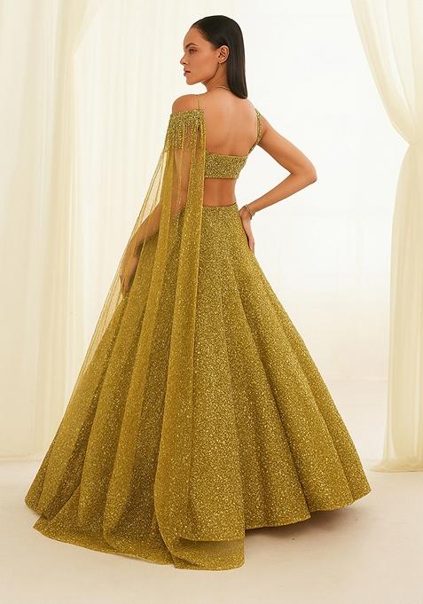 Golden Sequin Embellished Georgette Lehenga Set