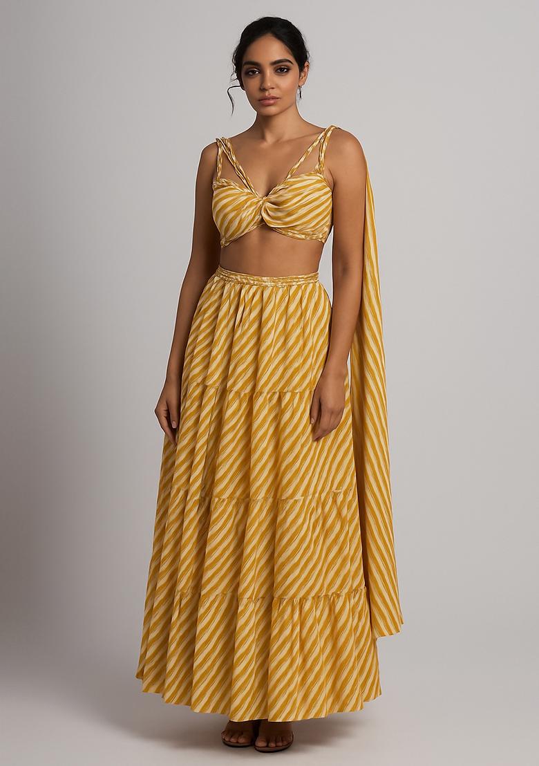 Yellow And White Printed Georgette Lehenga Set