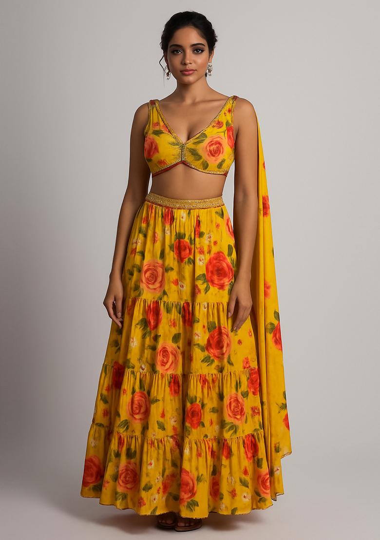 Yellow Printed Georgette Lehenga Set