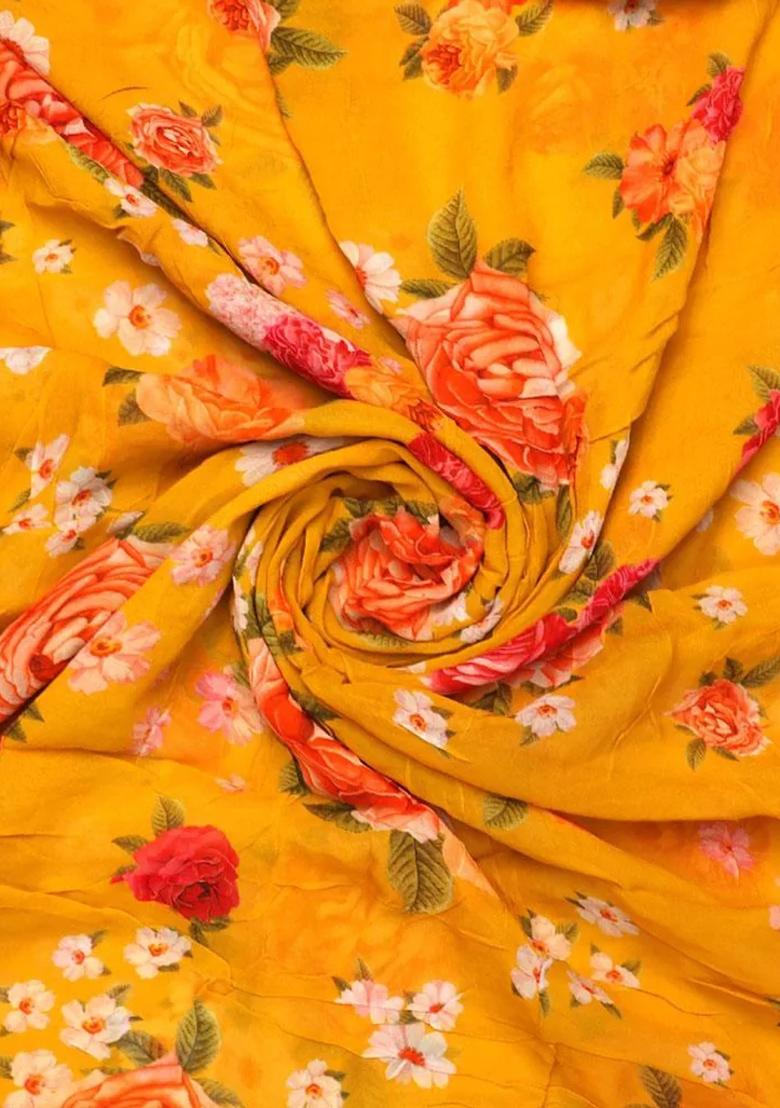 Yellow Printed Georgette Lehenga Set