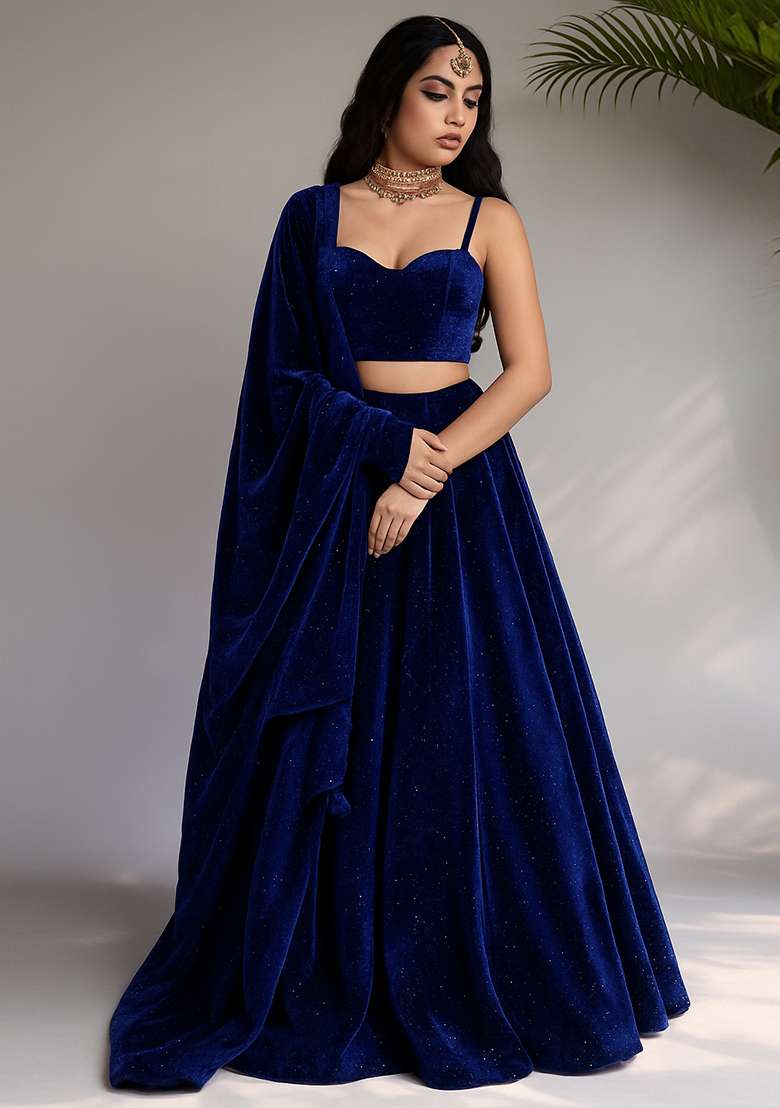 Blue Stone Work Satin Lehenga Set - Indya