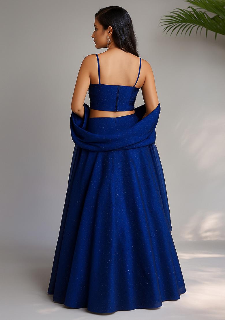 Blue Stone Work Satin Lehenga Set - Indya
