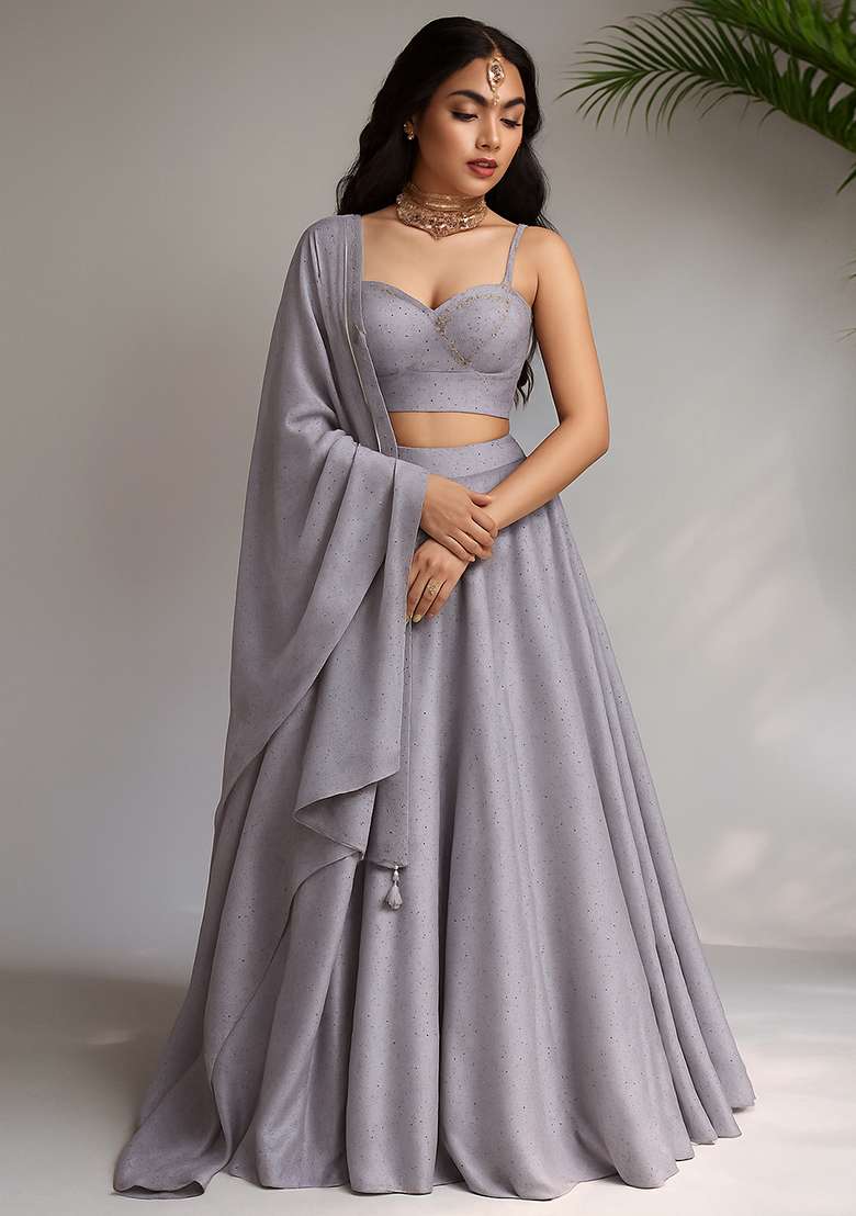 Blue Stone Work Satin Lehenga Set - Indya