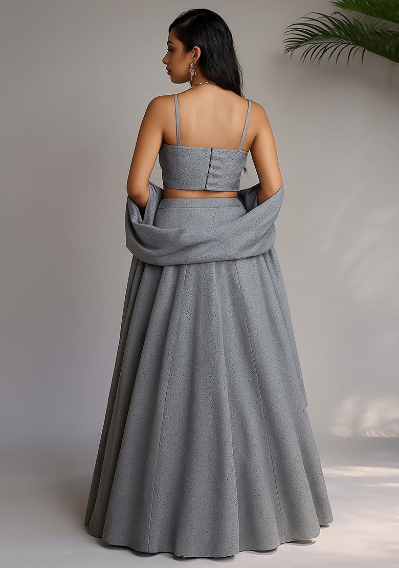 Blue Stone Work Satin Lehenga Set - Indya