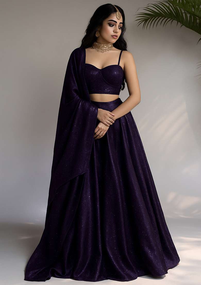 Purple Stone Work Satin Lehenga Set - Indya