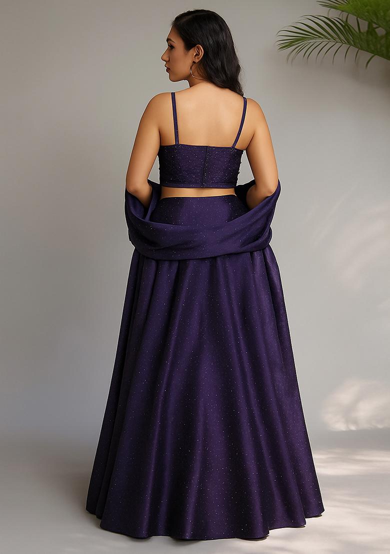 Purple Stone Work Satin Lehenga Set - Indya