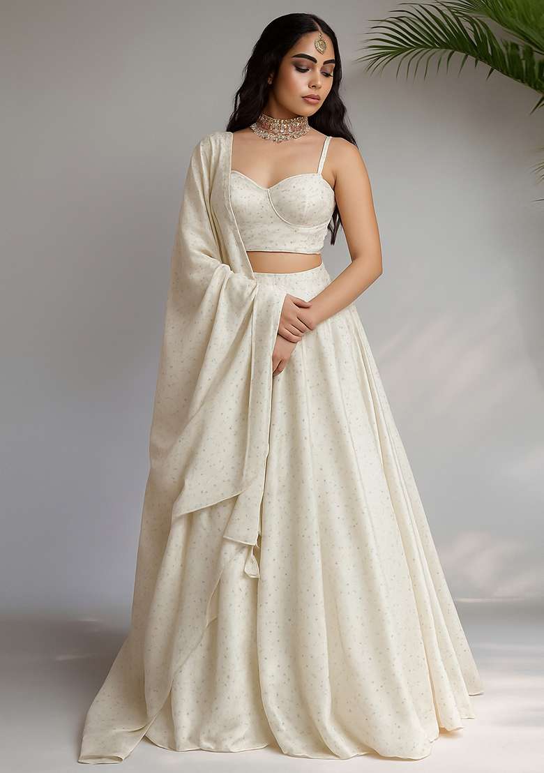 Cream Stone Work Satin Lehenga Set - Indya