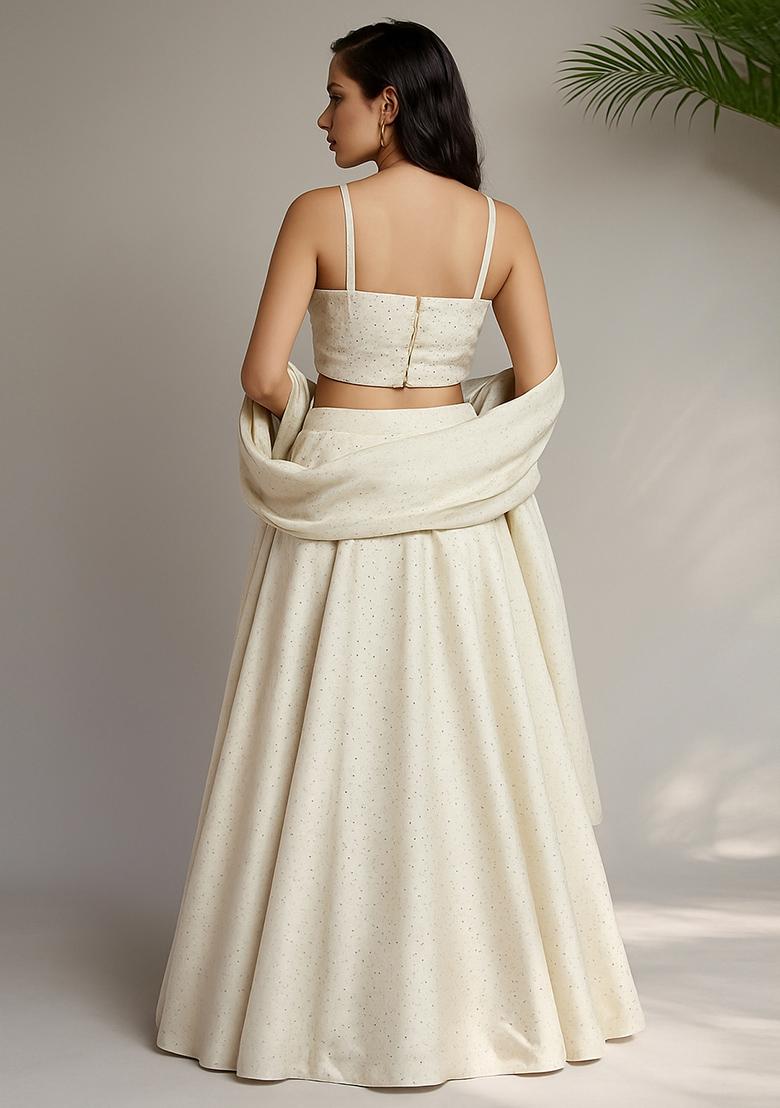 Cream Stone Work Satin Lehenga Set - Indya