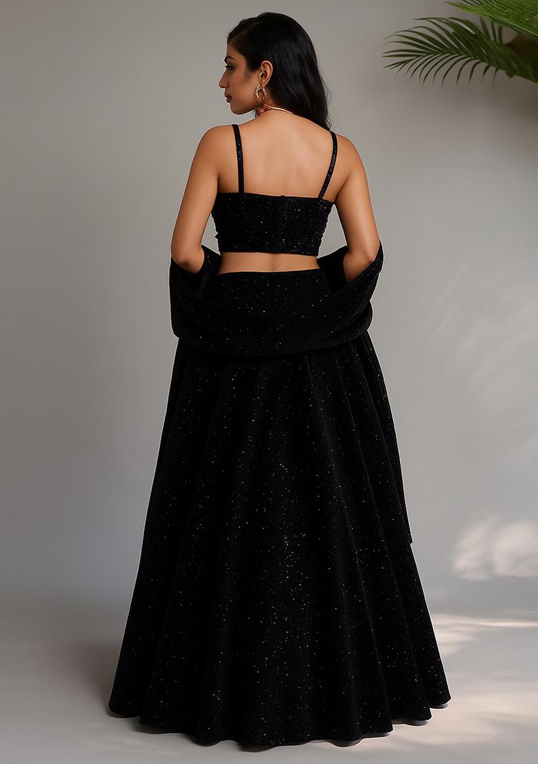 Black Stone Work Satin Lehenga Set - Indya