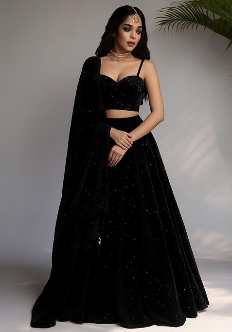 Black Stone Work Satin Lehenga Set