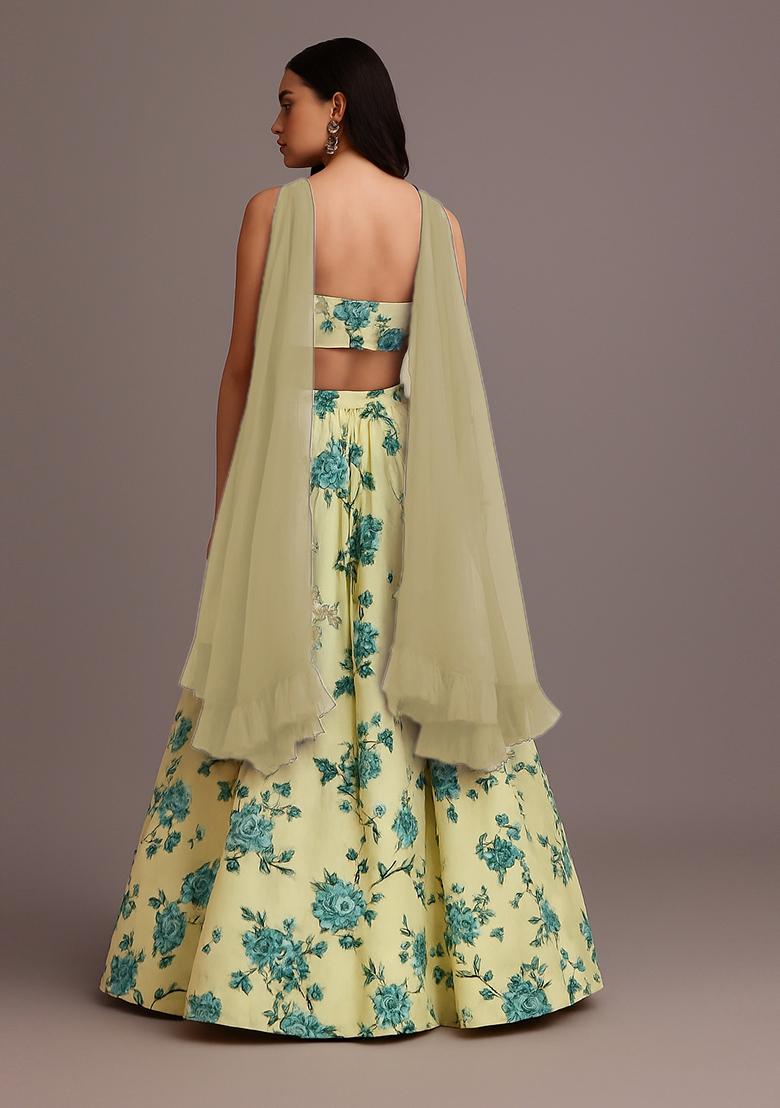 White Printed Georgette Lehenga Set - Indya