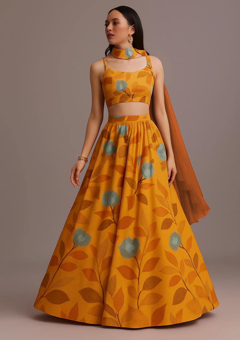 Yellow Printed Georgette Lehenga Set