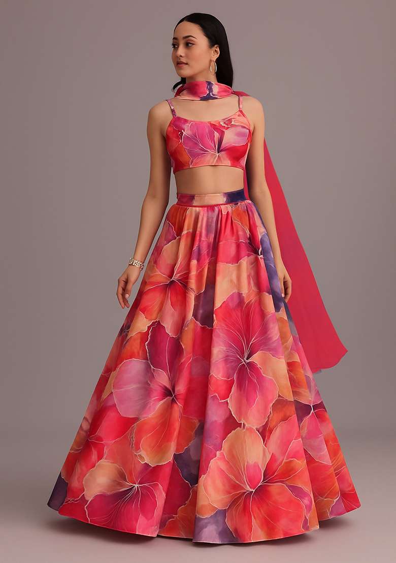 Multicolor Printed Georgette Lehenga Set - Indya