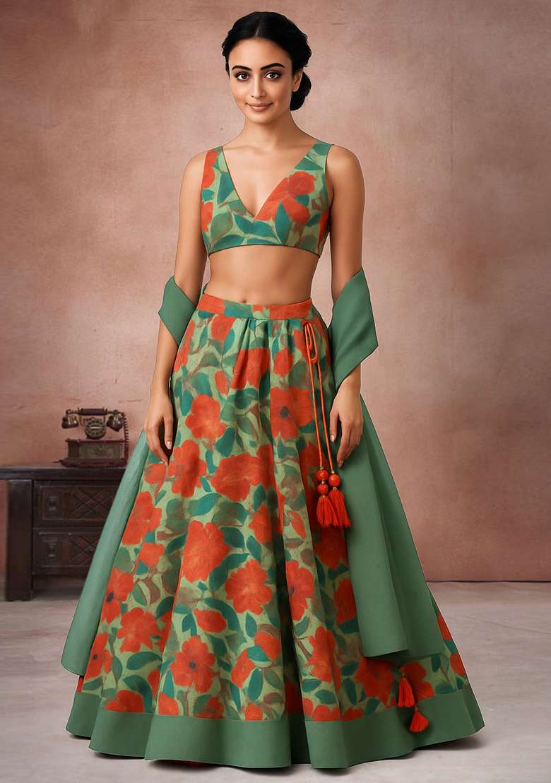 Multicolor Printed Georgette Lehenga Set - Indya