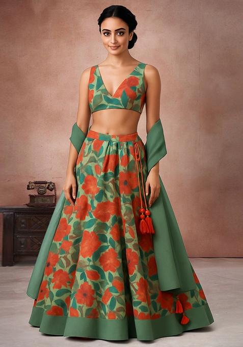 Multicolor Printed Georgette Lehenga Set