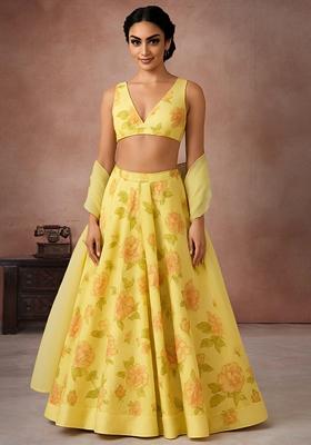 Yellow Printed Georgette Lehenga Set