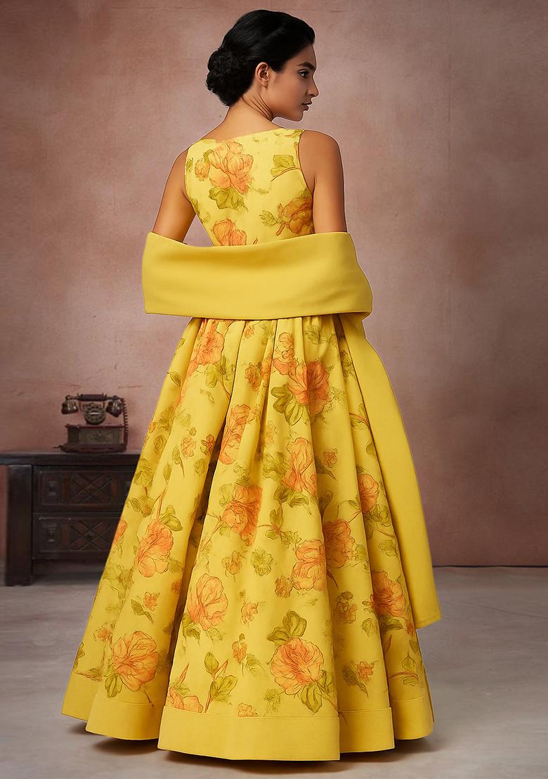 Yellow Printed Georgette Lehenga Set - Indya