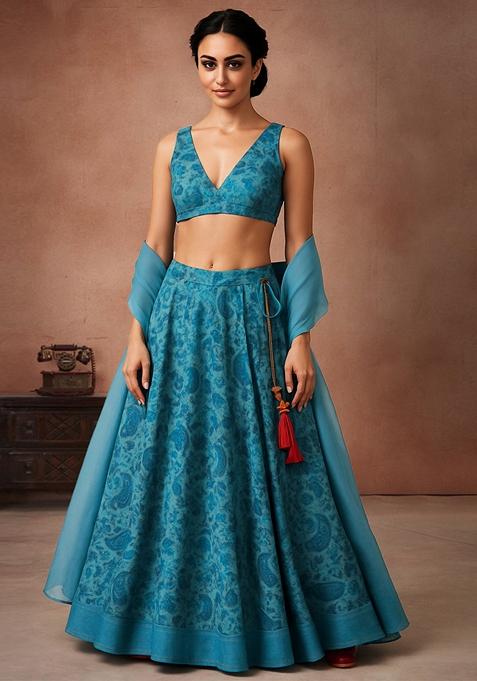 Blue Printed Georgette Lehenga Set