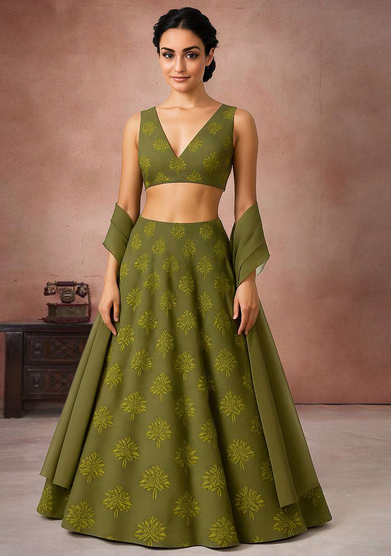 Henna Green Printed Georgette Lehenga Set - Indya