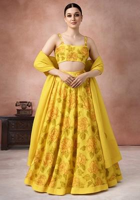 Yellow Printed Georgette Lehenga Set