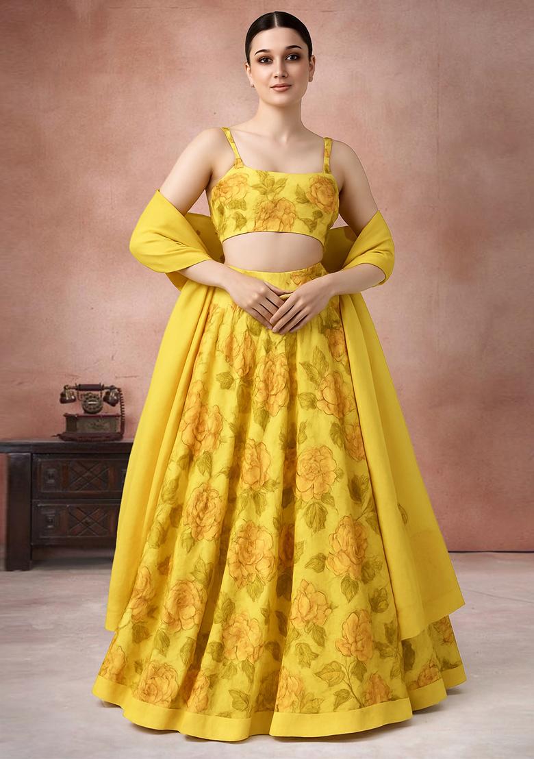 Yellow Printed Georgette Lehenga Set