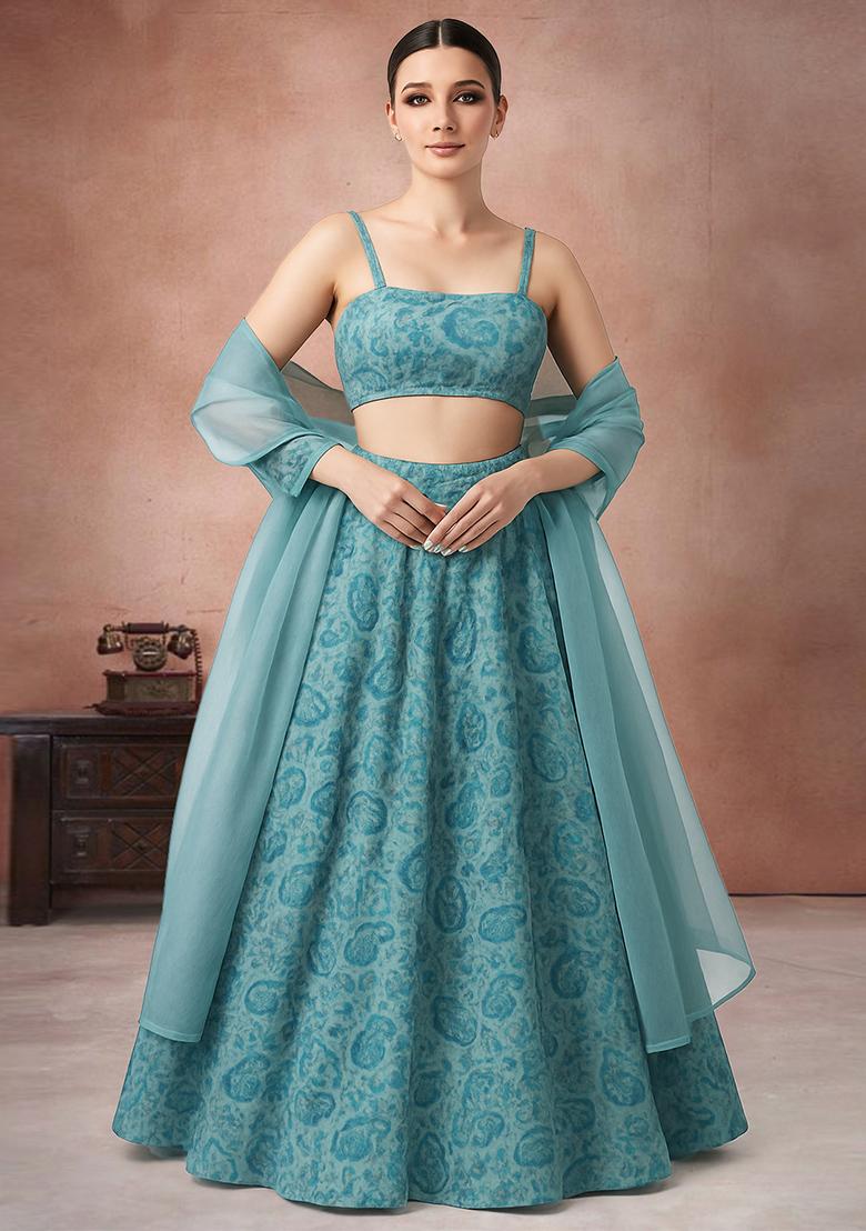 Blue Printed Georgette Lehenga Set