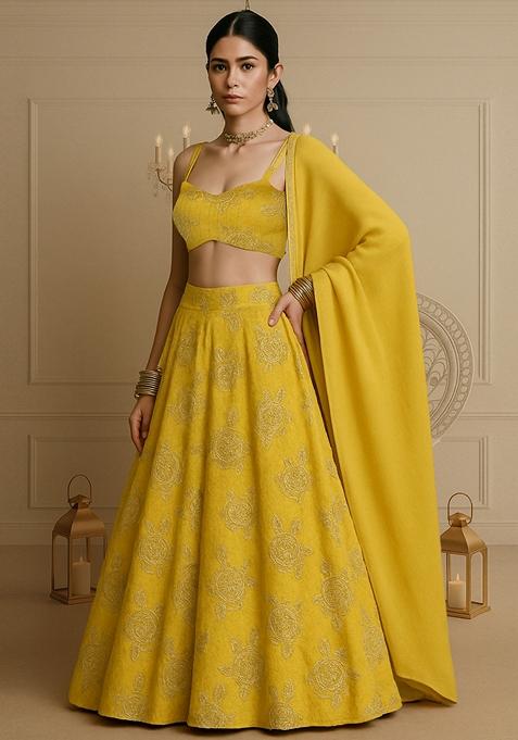 Yellow Chanderi Silk Embroidered Lehenga Set