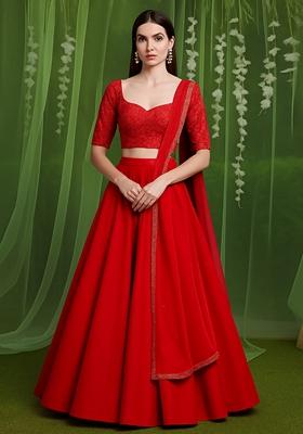 Red Embroidered Blouse With Lehenga Set