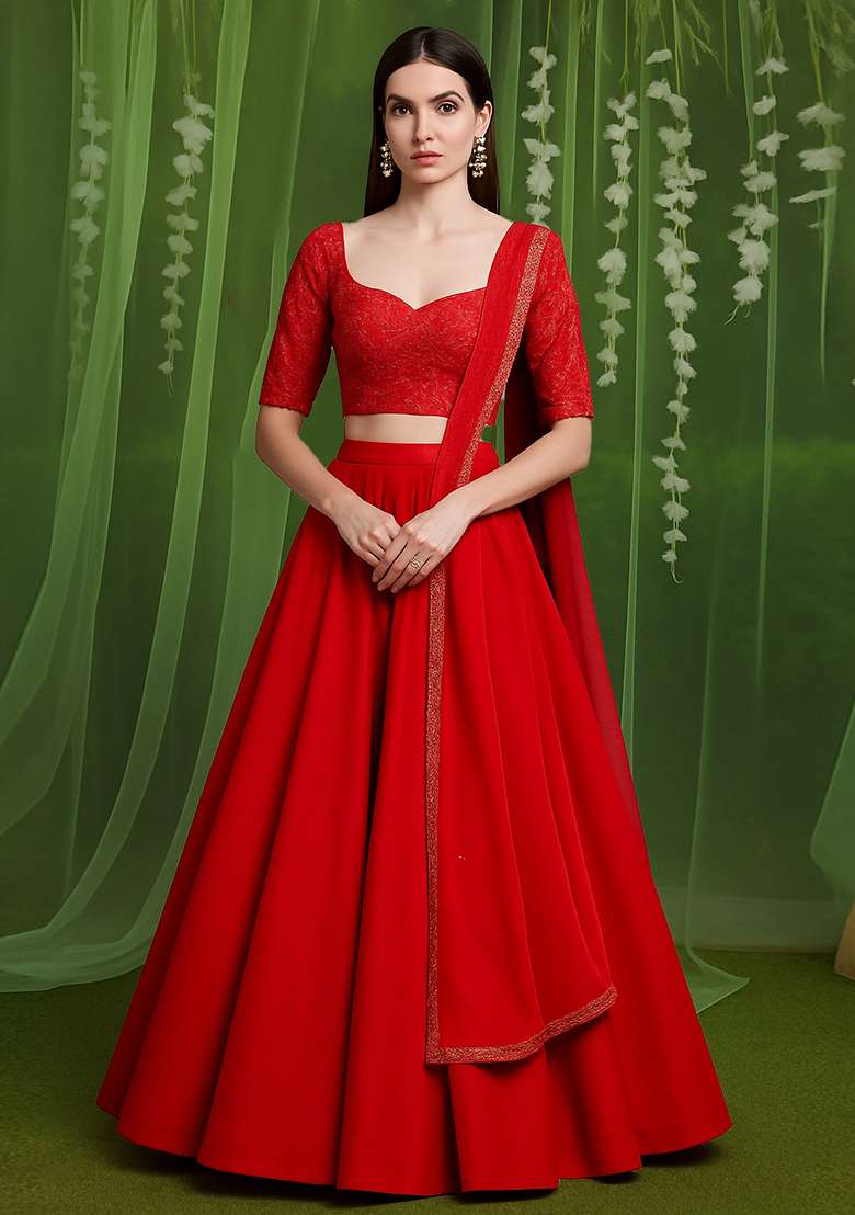 Red Embroidered Blouse With Lehenga Set - Indya