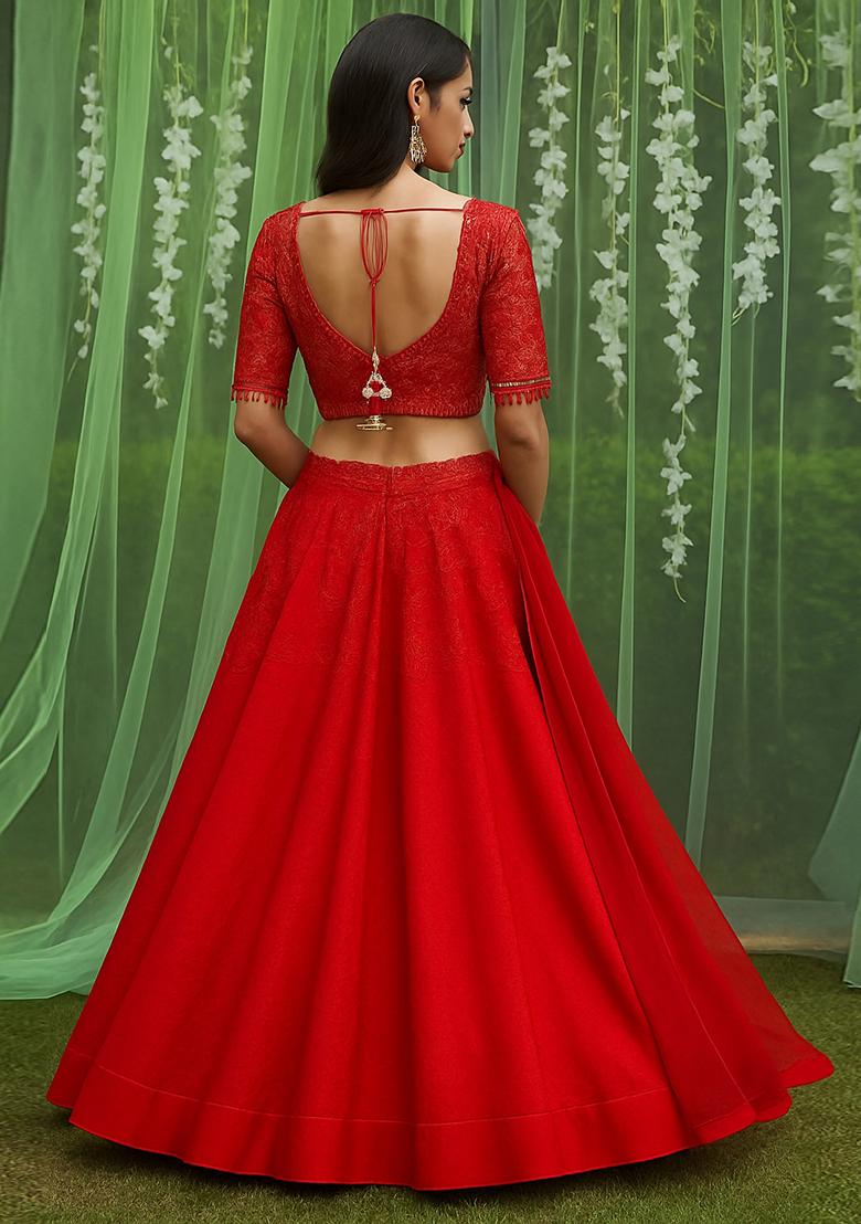 Red Embroidered Blouse With Lehenga Set - Indya