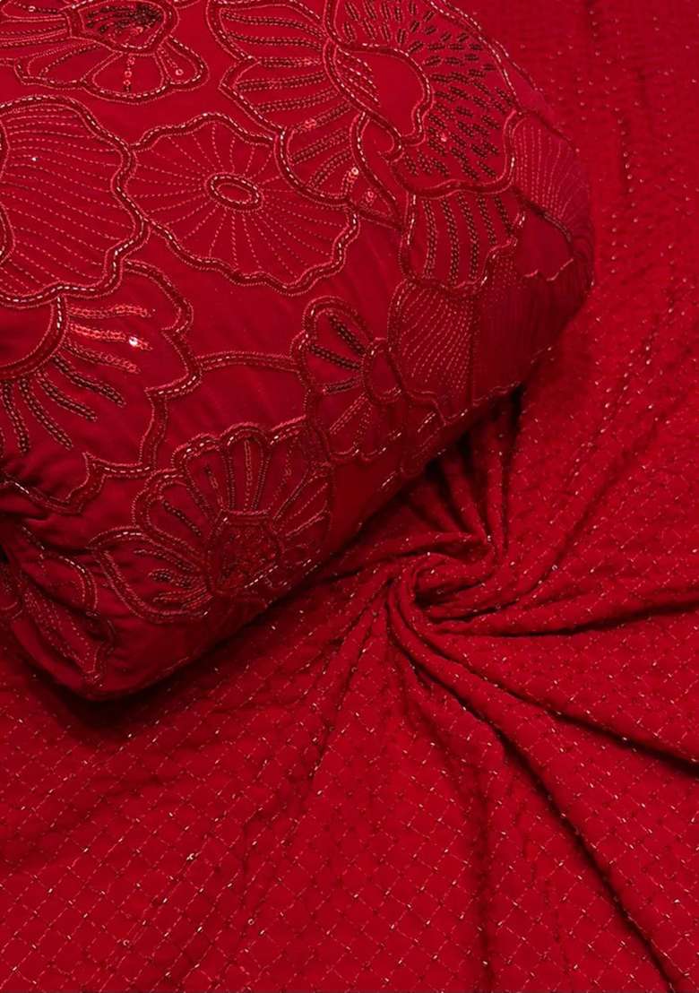Red Embroidered Blouse With Lehenga Set - Indya