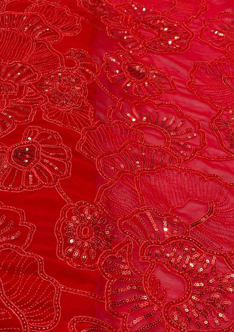 Red Embroidered Blouse With Lehenga Set - Indya