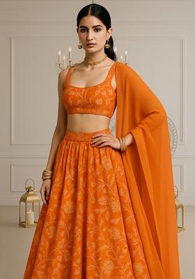 Orange Chanderi Silk Embroidered Lehenga Set