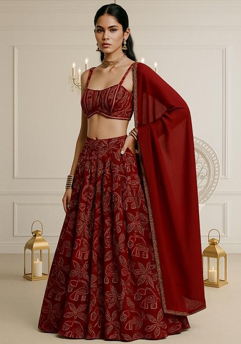 Maroon Dola Silk Embroidered Lehenga Set